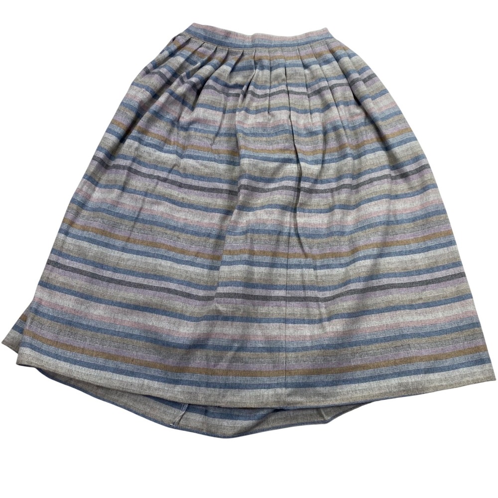 ILGWU Striped Pleated Midi Skirt Womens 9 Blue Grey High Waist Vintage USA Made